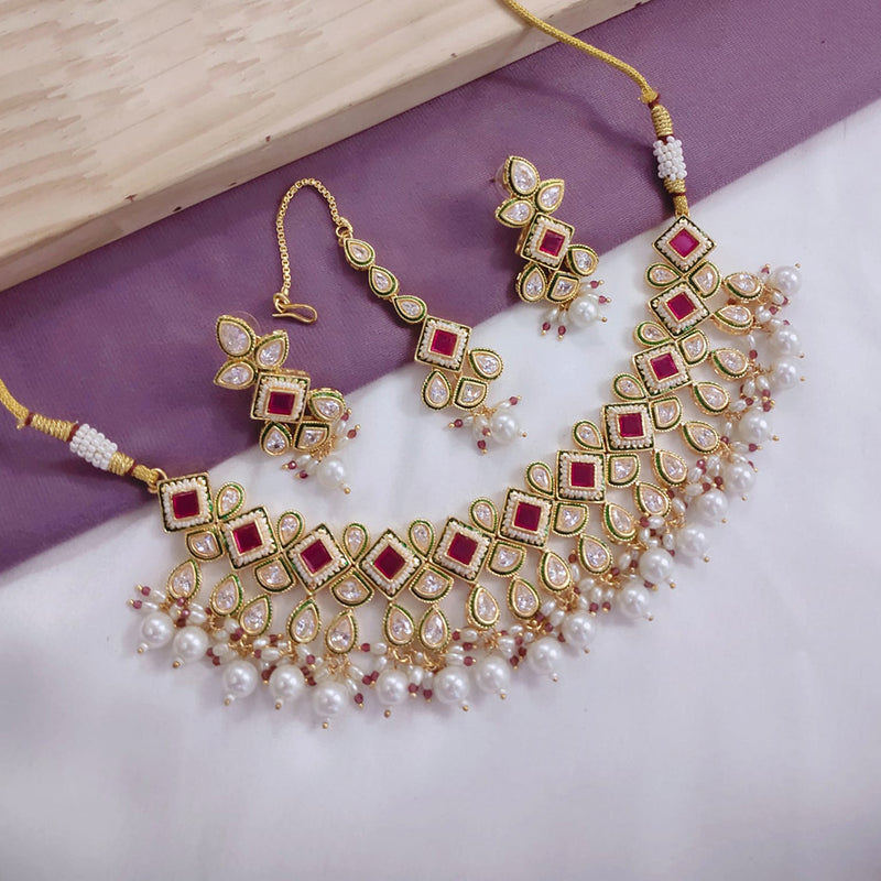 Akruti Collection Gold Plated Crystal Stone And Pearls Meenakari Necklace Set