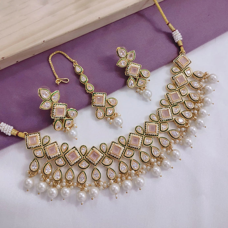 Akruti Collection Gold Plated Crystal Stone And Pearls Meenakari Necklace Set