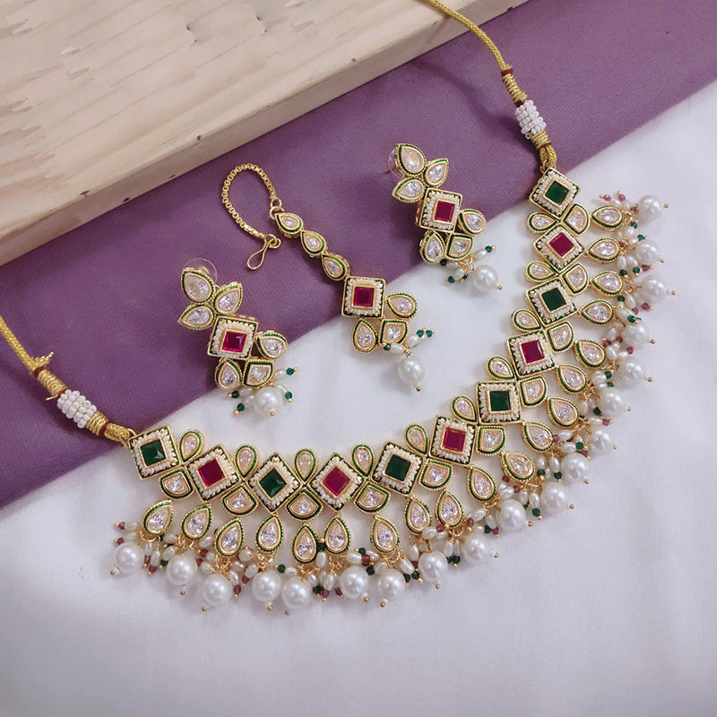 Akruti Collection Gold Plated Crystal Stone And Pearls Meenakari Necklace Set