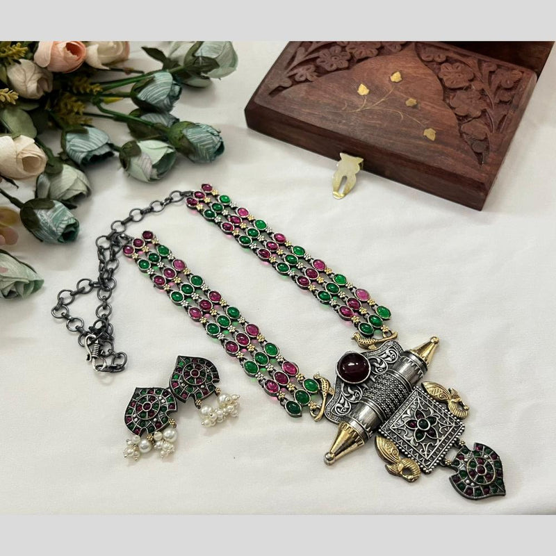 Akruti Collection 2 Tone Plated Pota Stone Long Necklace Set