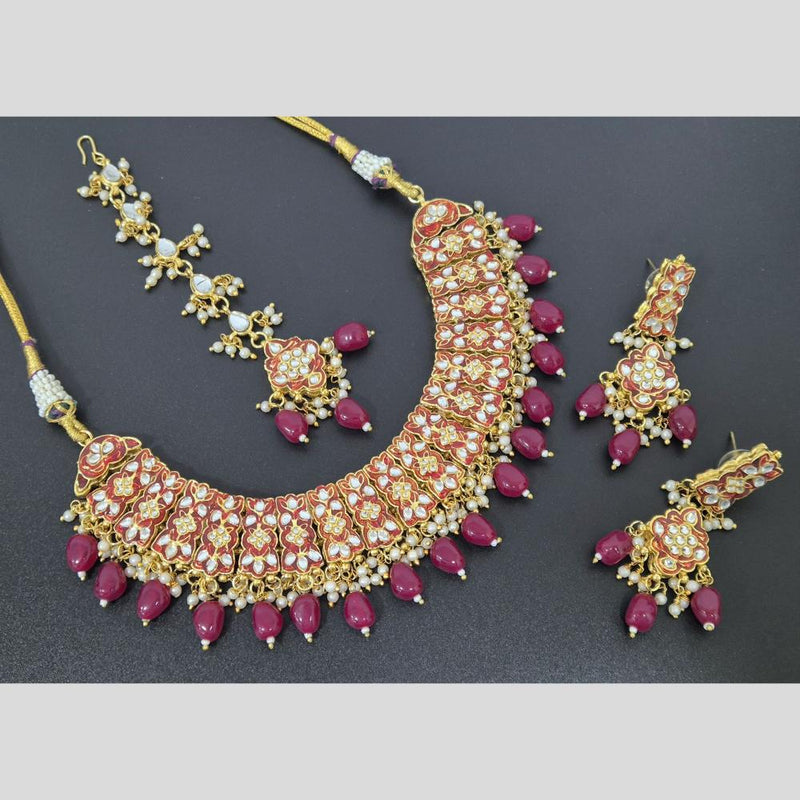 Akruti Collection Gold Plated Kundan Stone And Pearls Meenakari Necklace Set