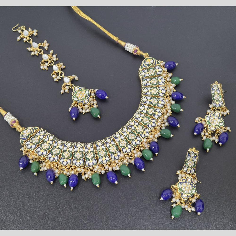 Akruti Collection Gold Plated Kundan Stone And Pearls Meenakari Necklace Set