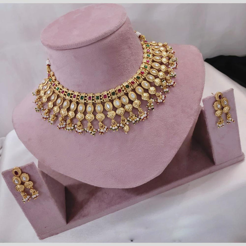 Akruti Collection Gold Plated Pota Stone And Pearls Necklace Set