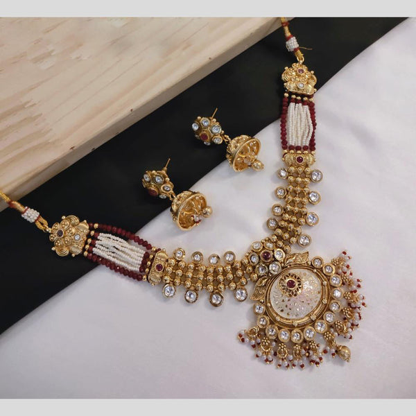 Akruti Collection Gold Plated Polki Kundan Stone And Pearls Meenakari Necklace Set