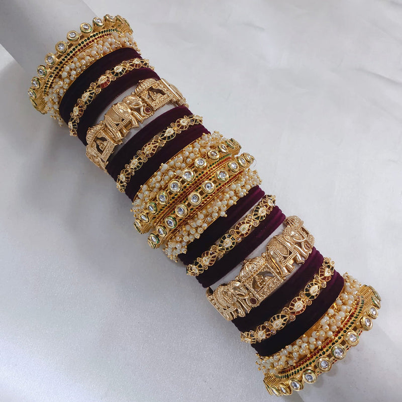 Akruti Collection Gold Plated Pota Stone And Pearl Meenakari Velvet Bangles Set