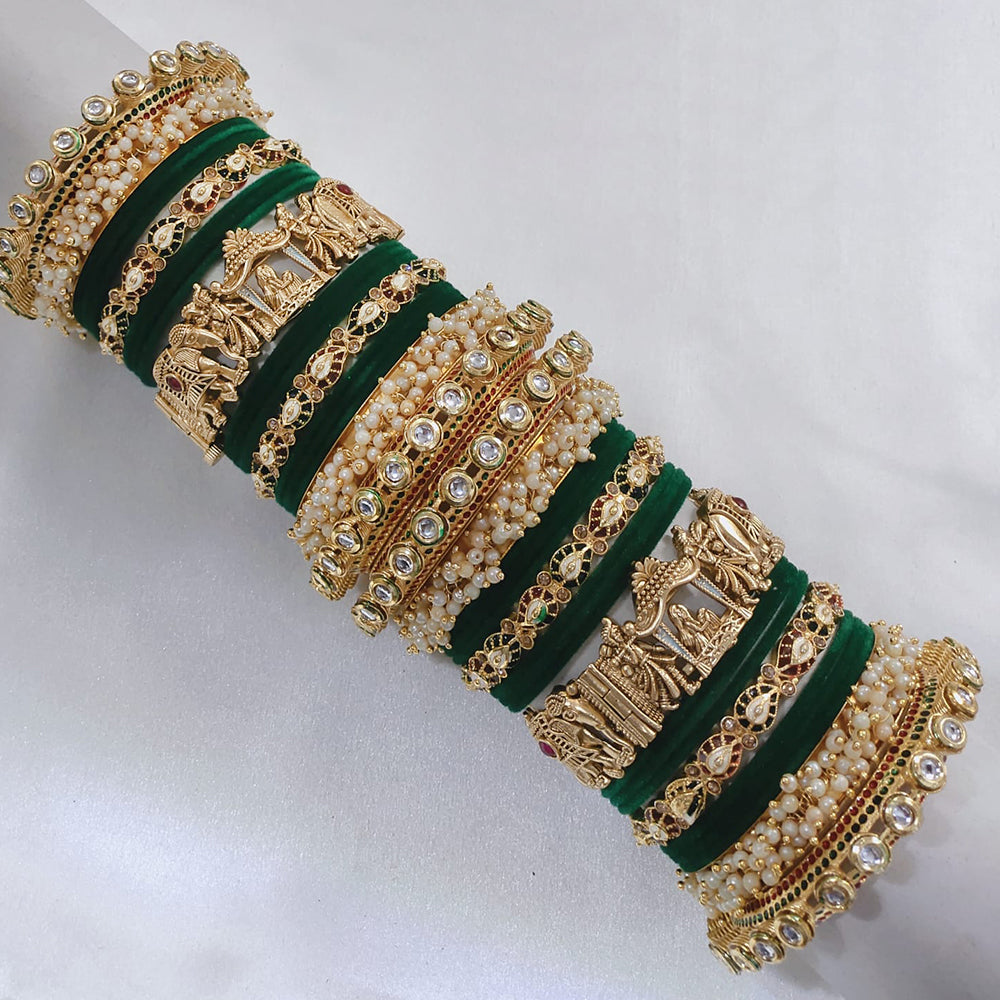 Akruti Collection Gold Plated Pota Stone And Pearl Meenakari Velvet Bangles Set