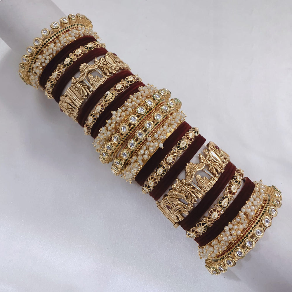 Akruti Collection Gold Plated Pota Stone And Pearl Meenakari Velvet Bangles Set