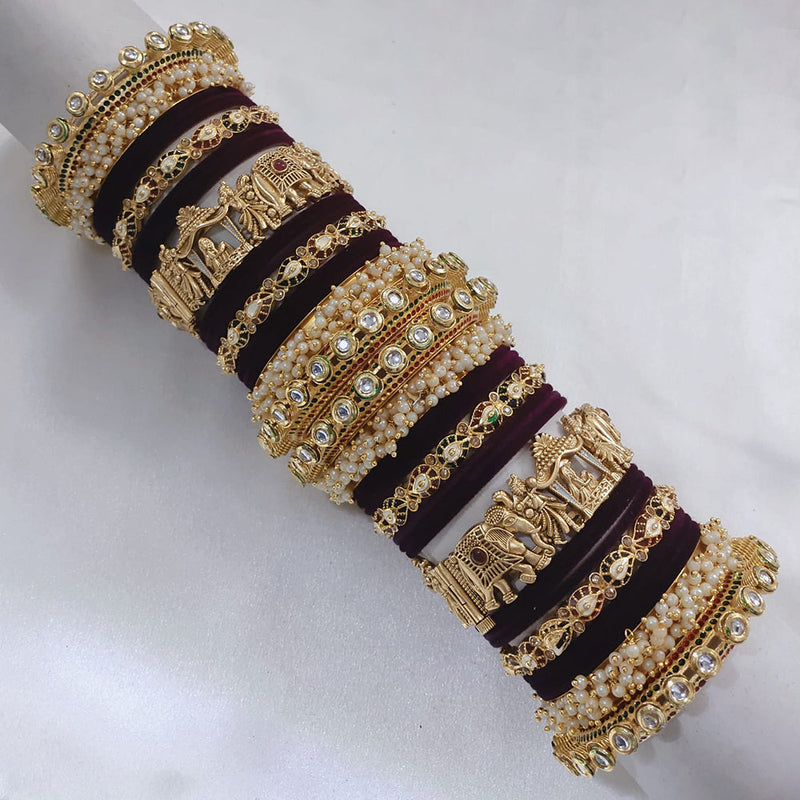 Akruti Collection Gold Plated Pota Stone And Pearl Meenakari Velvet Bangles Set