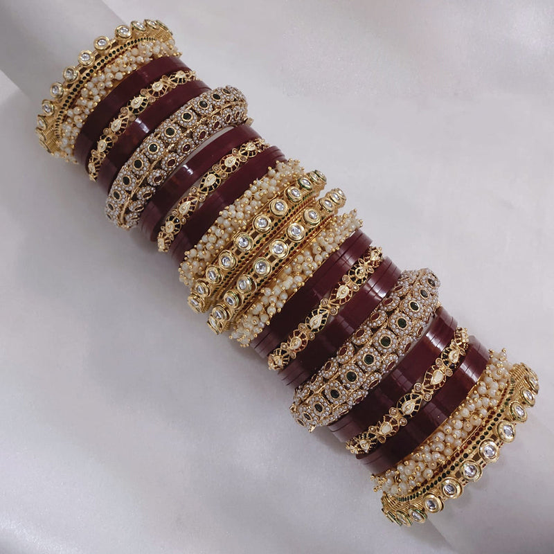 Akruti Collection Gold Plated Pota Stone And Pearl Acrylic Bangles Set