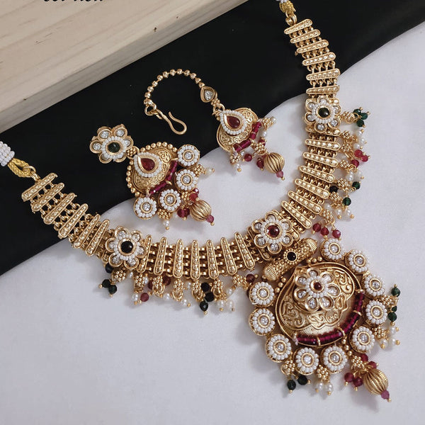 Akruti Collection Gold Plated Pota Stone And Pearls Necklace Set