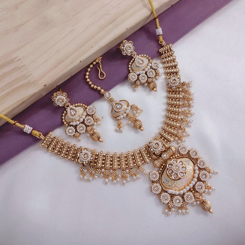 Akruti Collection Gold Plated Pota Stone And Pearls Meenakari Necklace Set