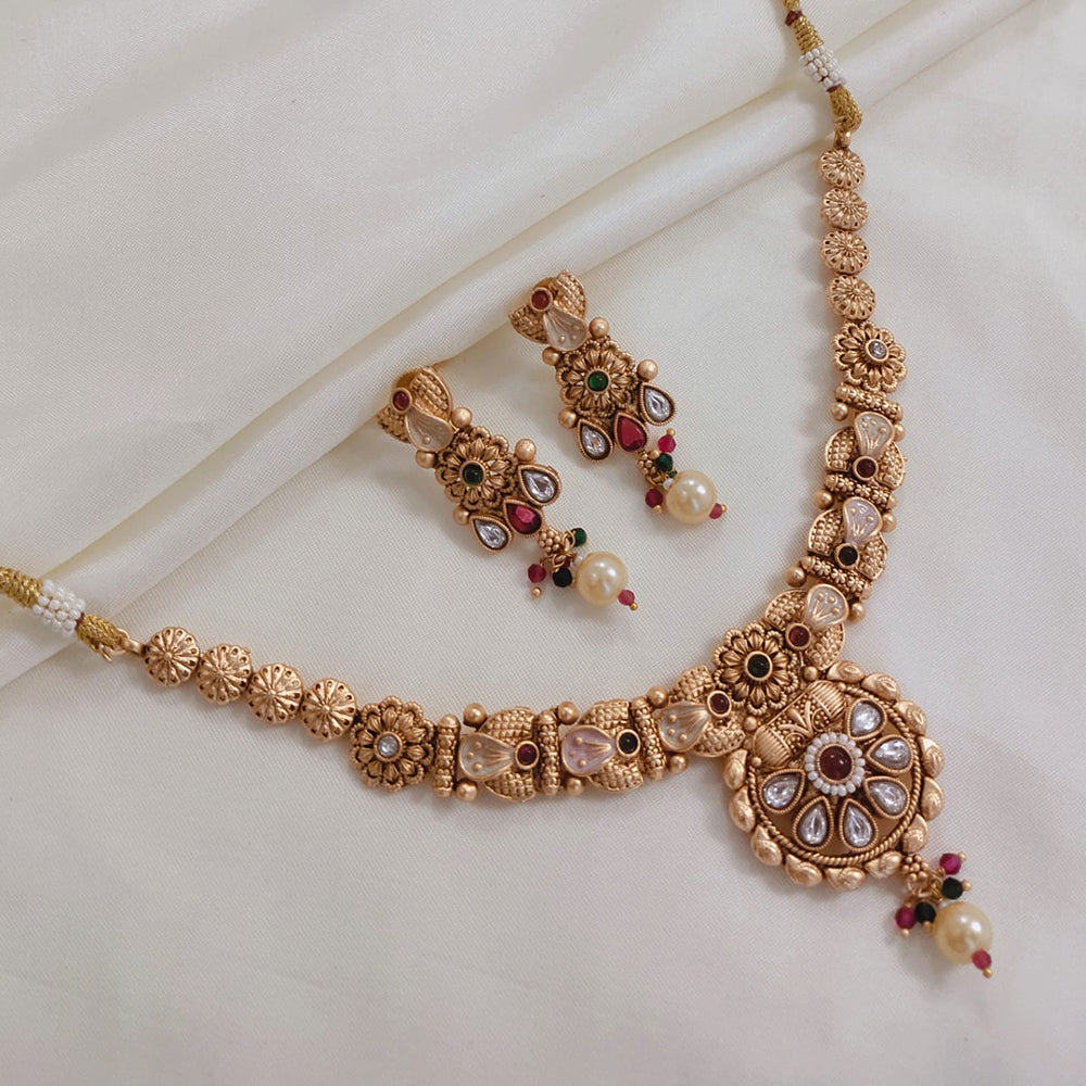 Akruti Collection Gold Plated Pota Stone And Pearls Meenakari Necklace Set