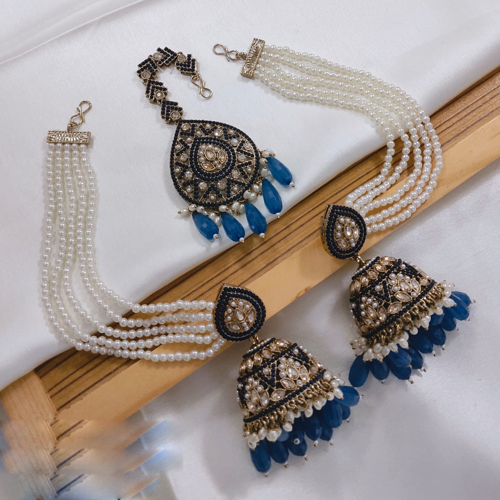 Akruti Collection Designer Kundan Jhumka Earrings with Beads & Pearl Chain