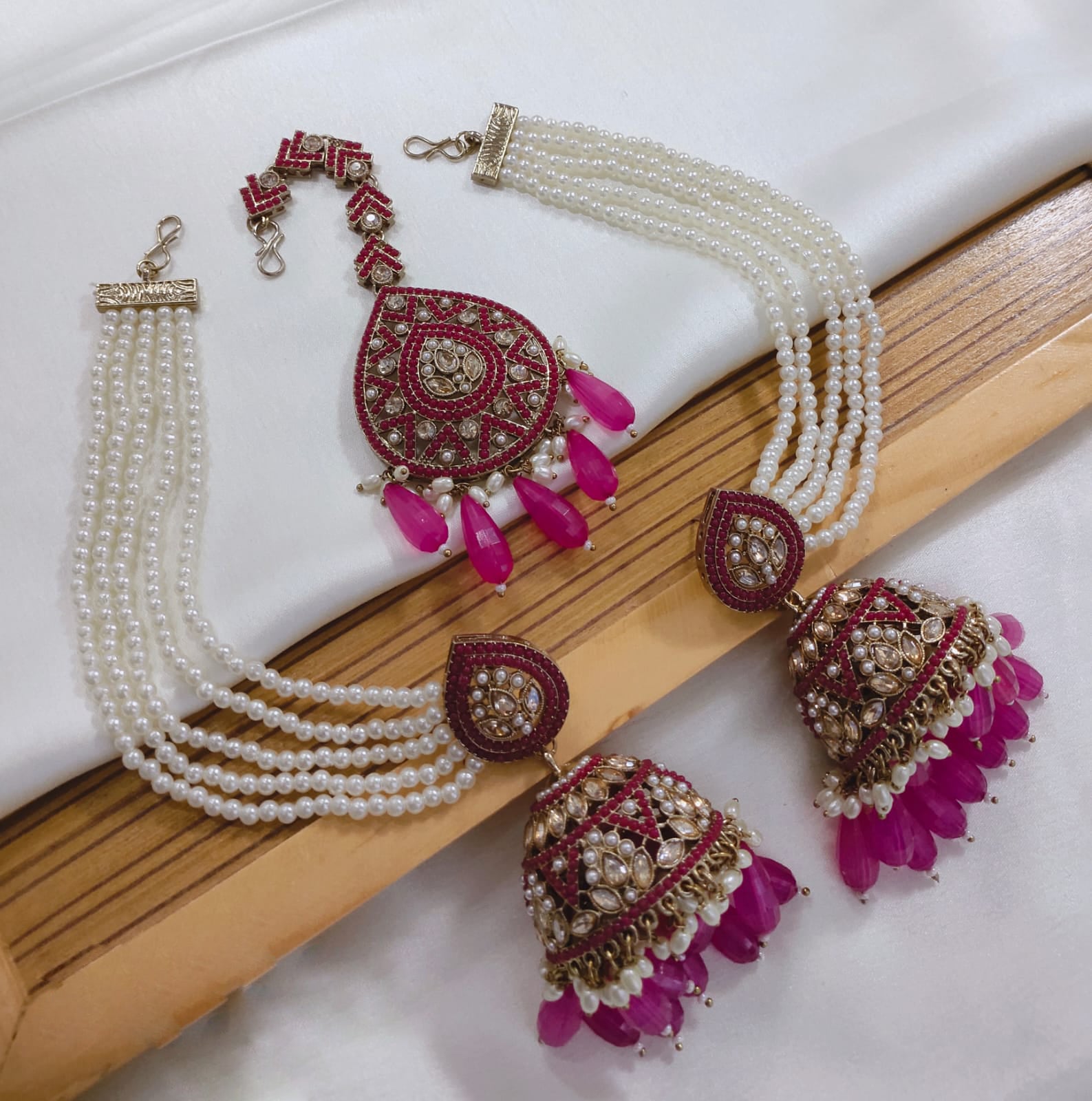 Akruti Collection Designer Kundan Jhumka Earrings with Beads & Pearl Chain