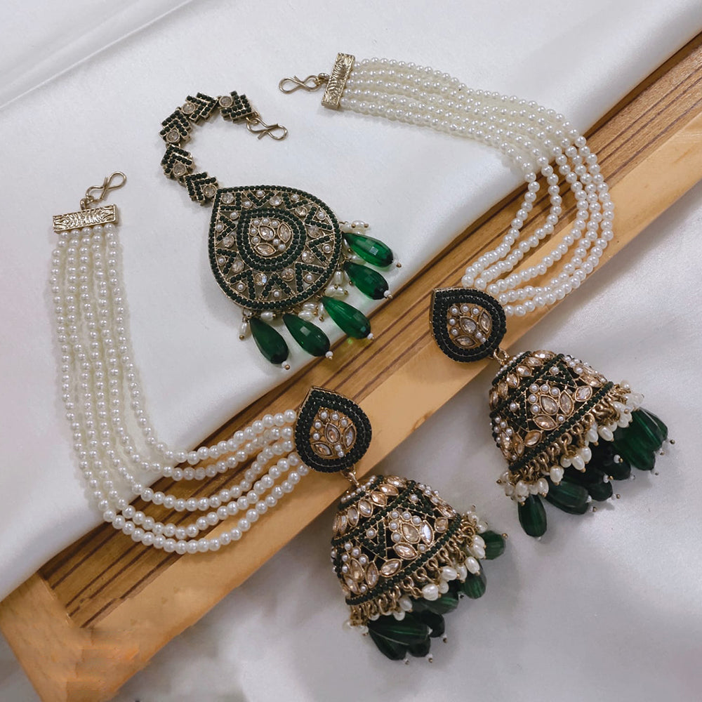 Akruti Collection Designer Kundan Jhumka Earrings with Beads & Pearl Chain