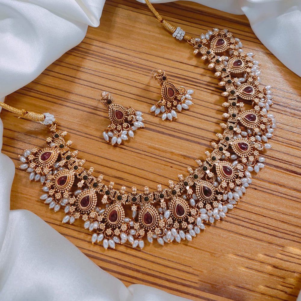 Akruti Collection Gold Plated Pota Stone And Pearl Necklace Set