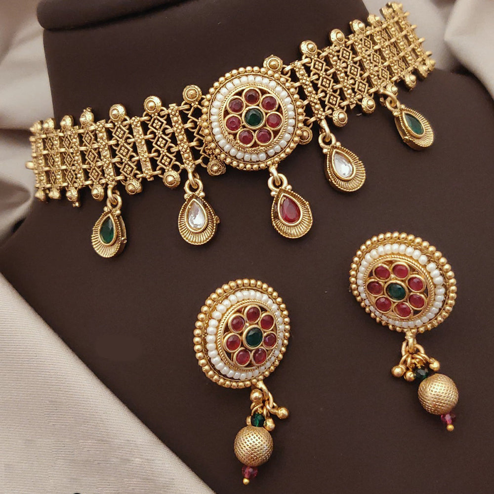 Akruti Collection Traditional Gold Finish Pota And Pearl Choker Necklace Set
