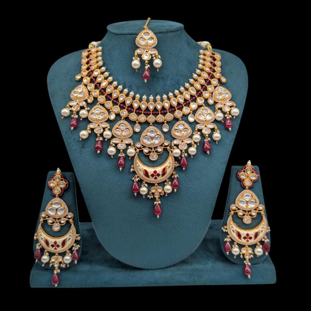 Akruti Collection Gold Plated Polki Kundan Pearl And Beads Meenakari Necklace Set
