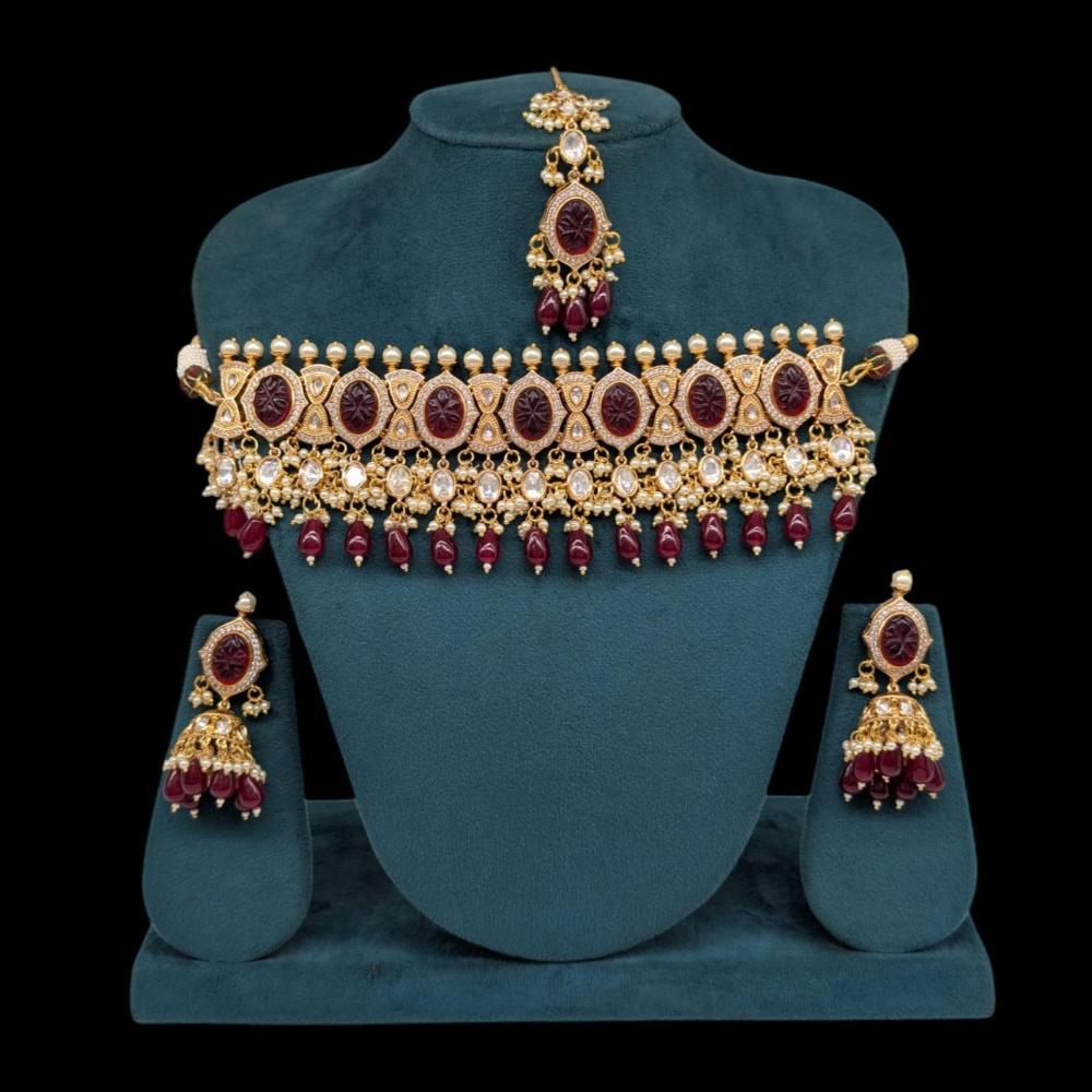 Akruti Collection Gold Plated Polki Kundan Stone Pearl And Beads Choker Necklace Set