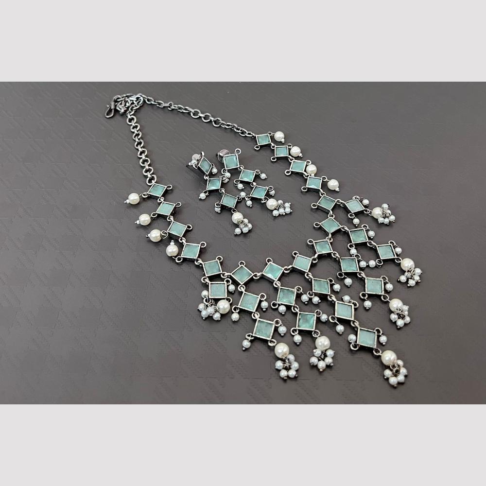 Akruti Collection Oxidised Plated Pota Stone Necklace Set