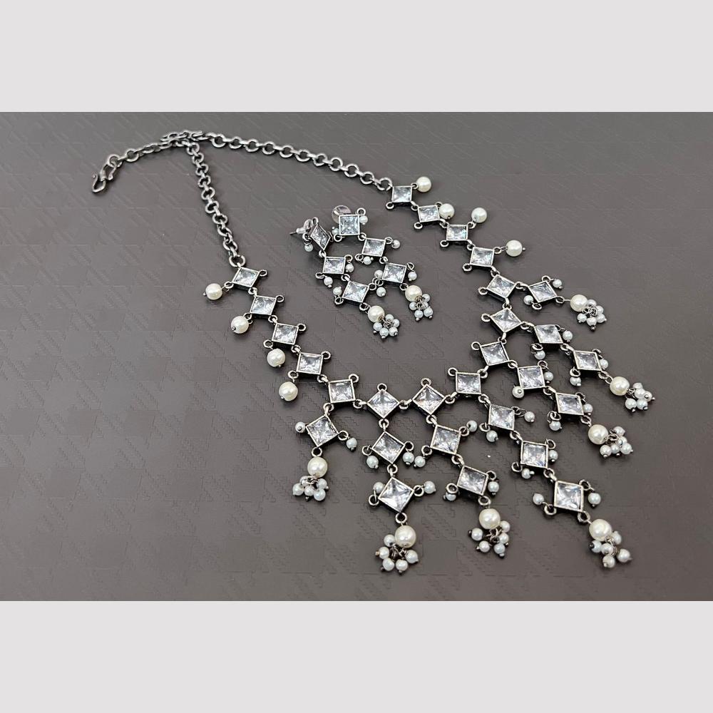 Akruti Collection Oxidised Plated Pota Stone Necklace Set