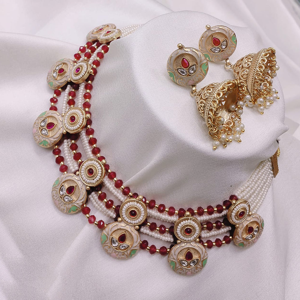 Akruti Collection Gold Plated Pota Stone And Meenakari Choker Necklace Set