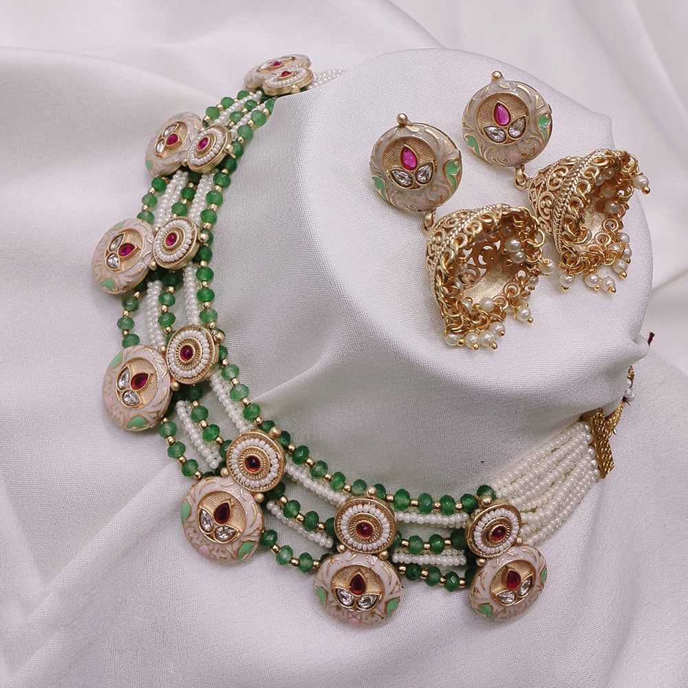 Akruti Collection Gold Plated Pota Stone And Meenakari Choker Necklace Set