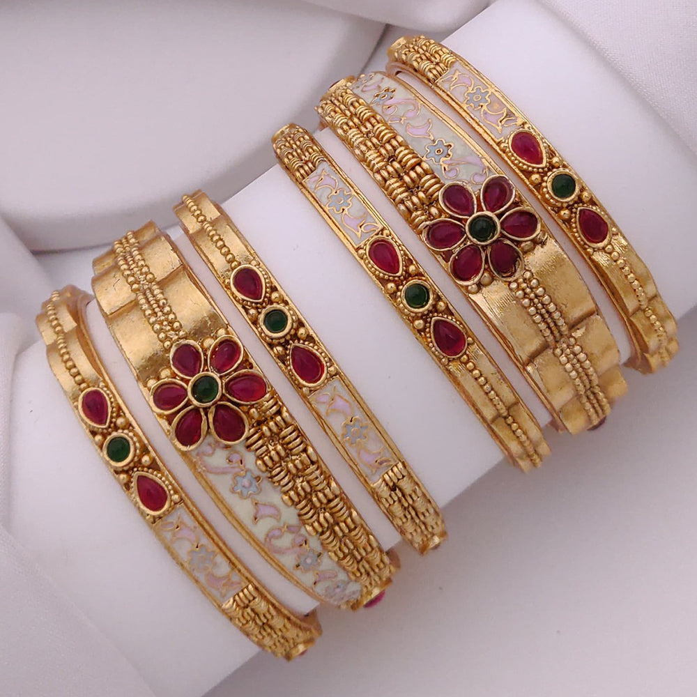 Akruti Collection Gold Plated Pota Stone And Meenakari Bangle Set