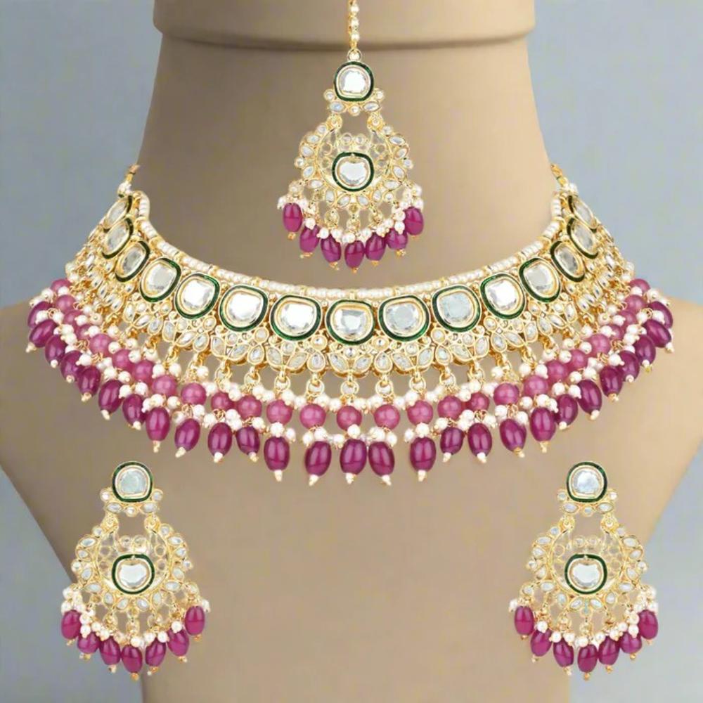 Akruti Collection Gold Plated Kundan Stone And Beads Necklace Set