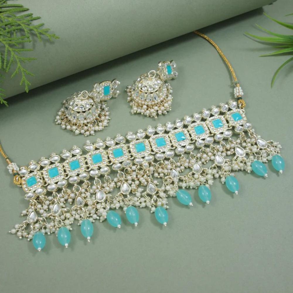 Akruti Collection Gold Plated Kundan Stone And Beads Choker Necklace Set