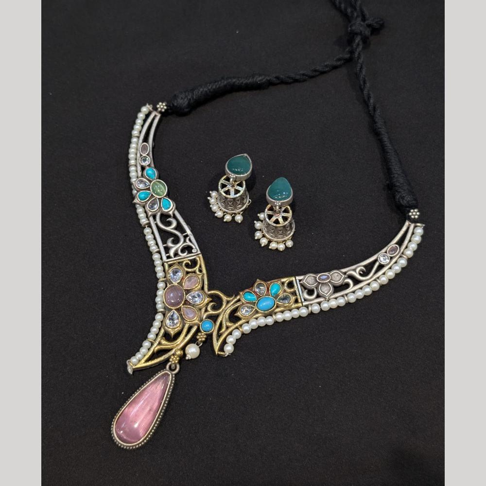 Akruti Collection 2 Tone Plated Pota Stone Necklace Set