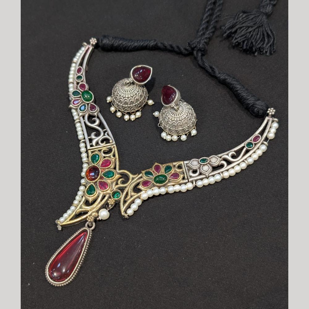 Akruti Collection 2 Tone Plated Pota Stone Necklace Set