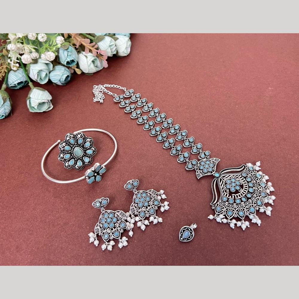 Akruti Collection Oxidised Plated Pota Stone Combo Set