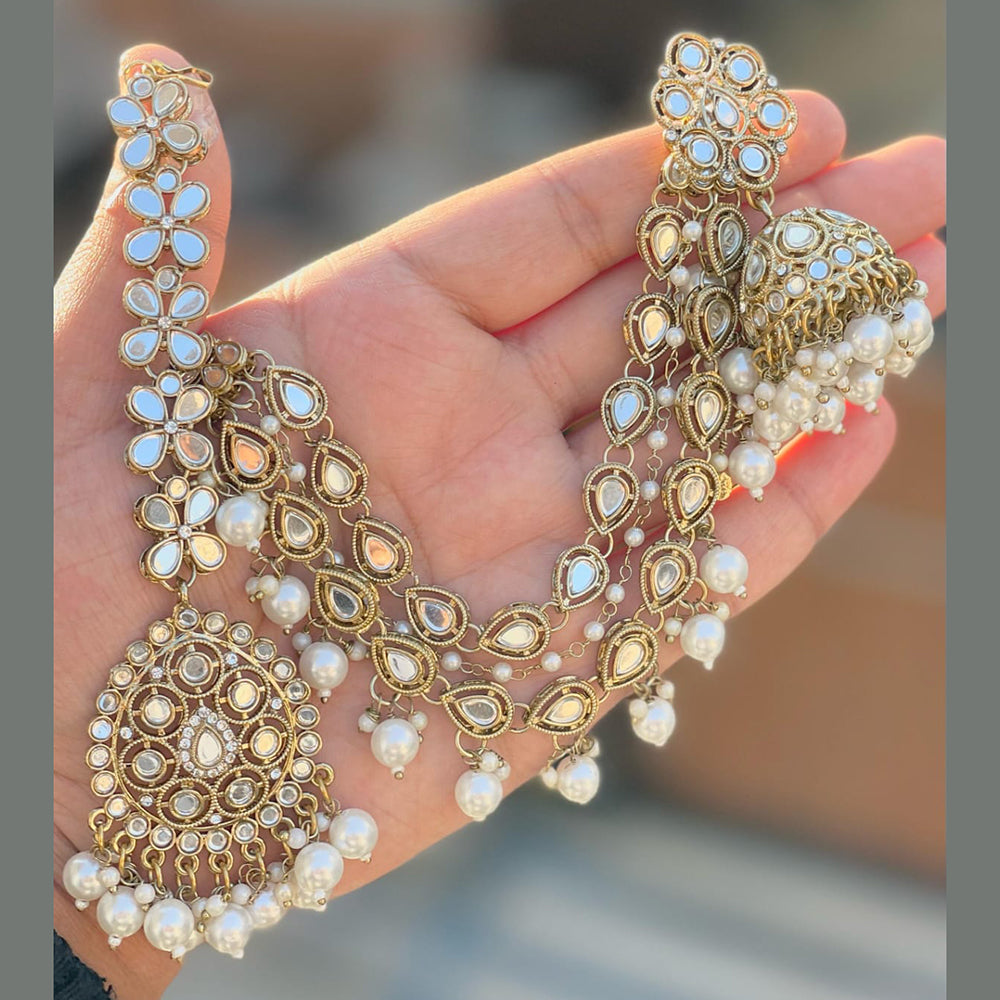 Akruti Collection Gold Plated Mirror And Pearls Jhumki With Maangtikka