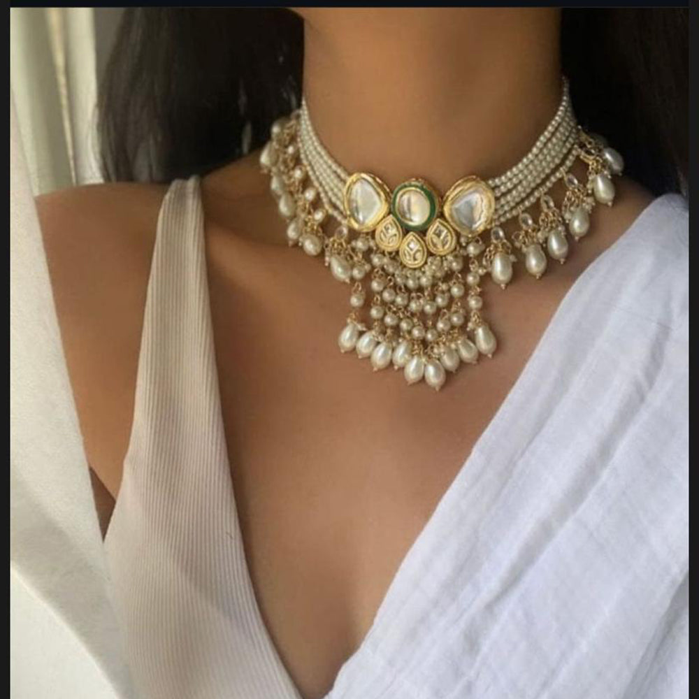 Akruti Collection Gold Plated Kundan And Pearl Choker Necklace Set
