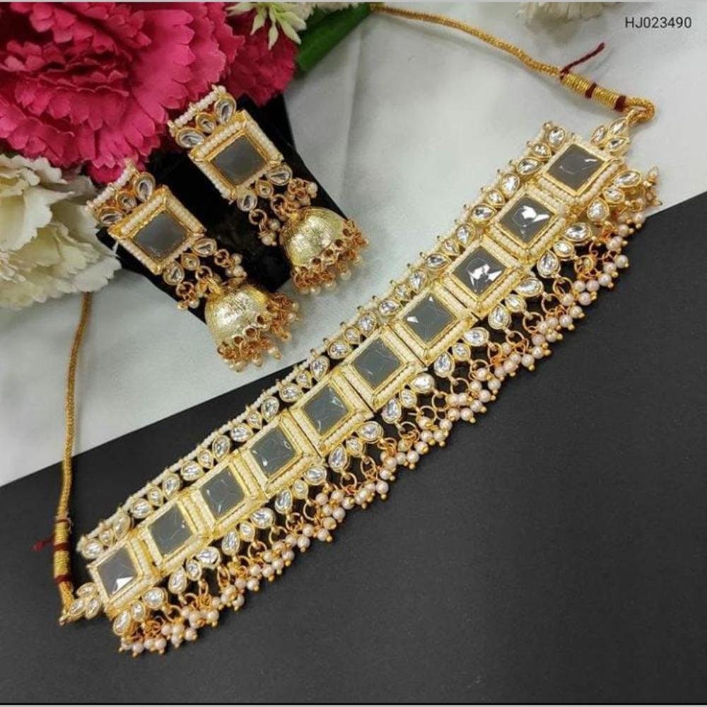 Akruti Collection Gold Plated Kundan And Pearls Choker Necklace Set