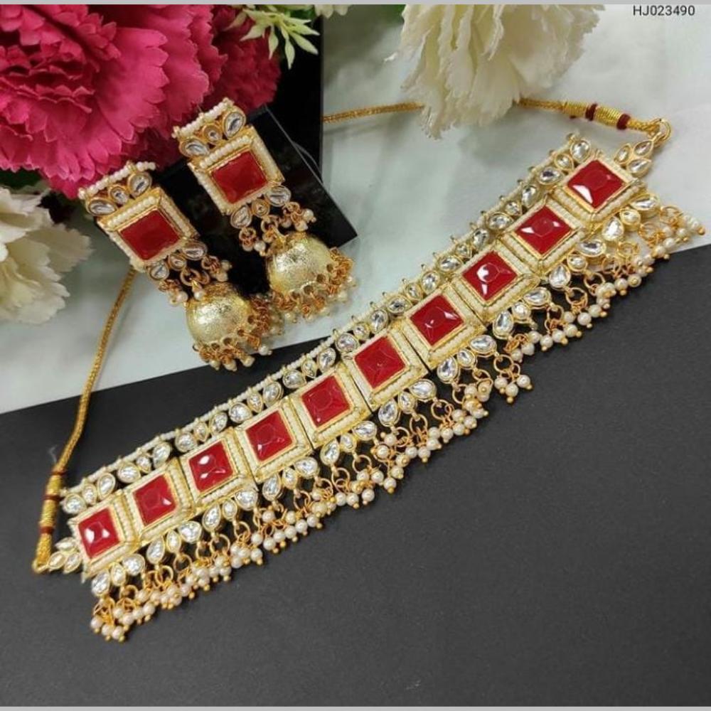 Akruti Collection Gold Plated Kundan And Pearls Choker Necklace Set