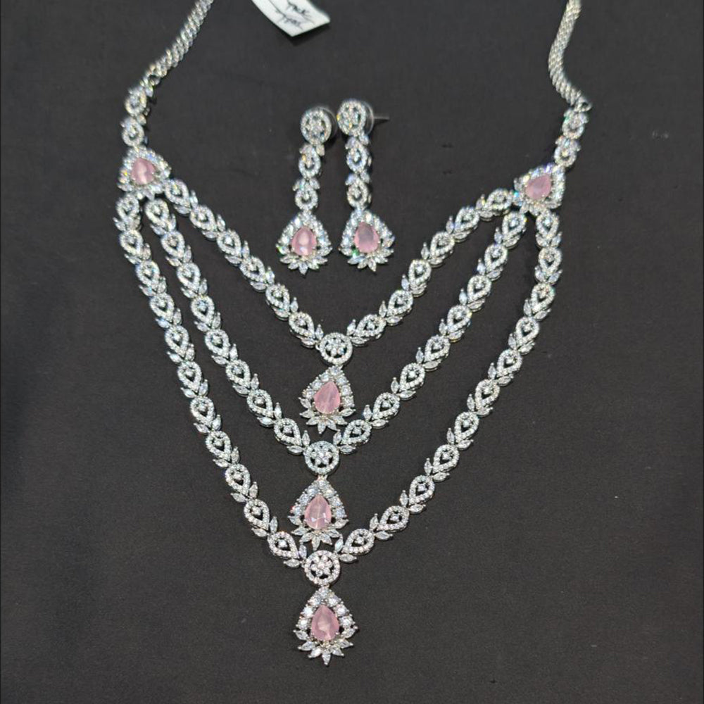 Akruti Collection Silver Plated American Diamonds Multi Layer Necklace Set