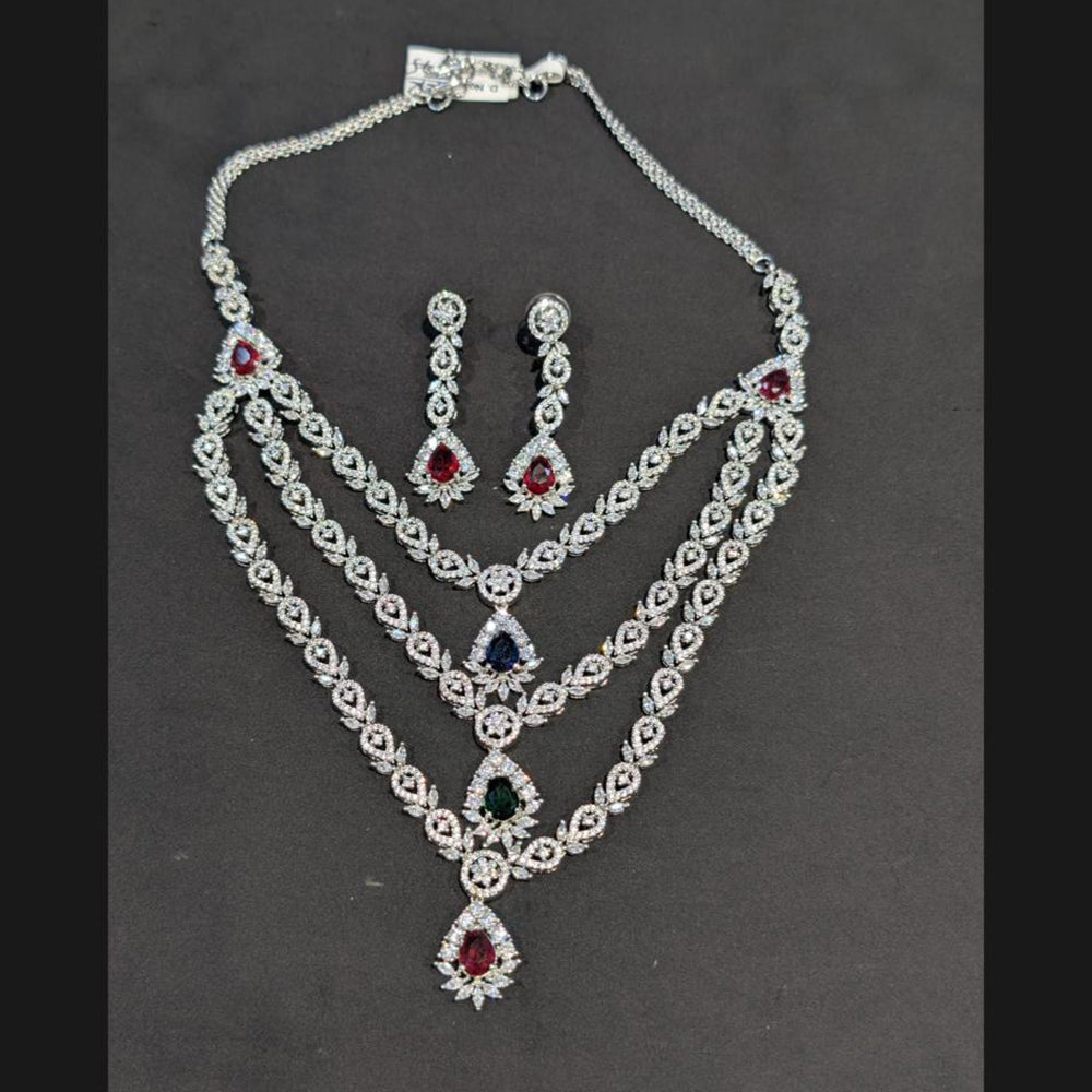 Akruti Collection Silver Plated American Diamonds Multi Layer Necklace Set