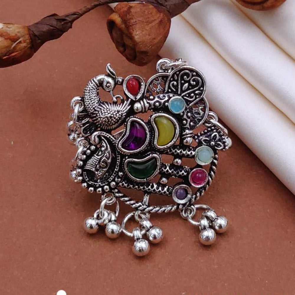 Akruti Collection Boho Vibe Oxidised Plated Multi Color Pota Stone Ring