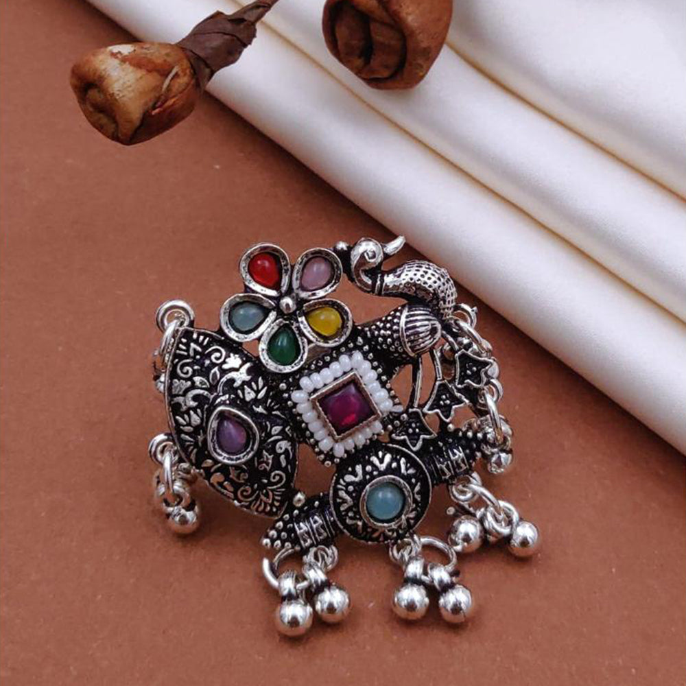 Akruti Collection Modern Ethnic Oxidised Plated Multi Color Pota Stone Ring