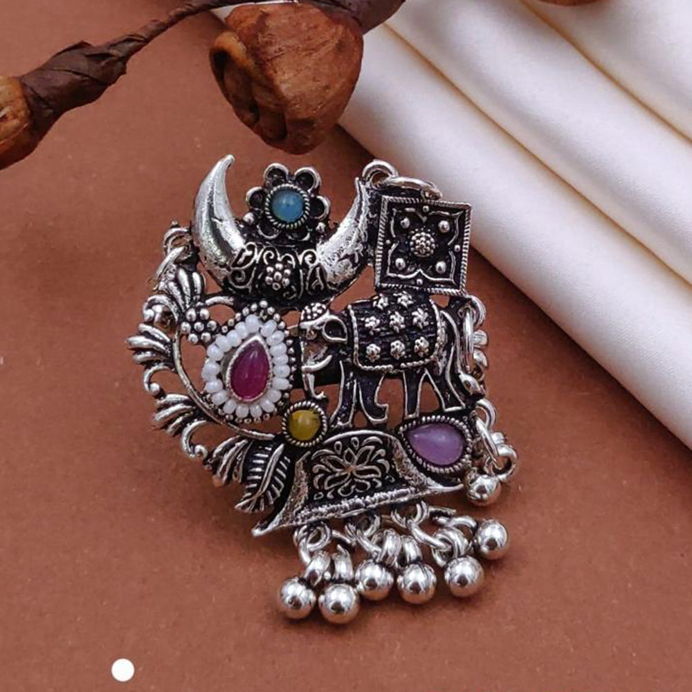 Akruti Collection Modern Ethnic Oxidised Plated Multi Color Pota Stone Ring
