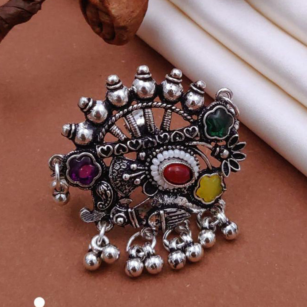 Akruti Collection Modern Ethnic Oxidised Plated Multi Color Pota Stone Ring