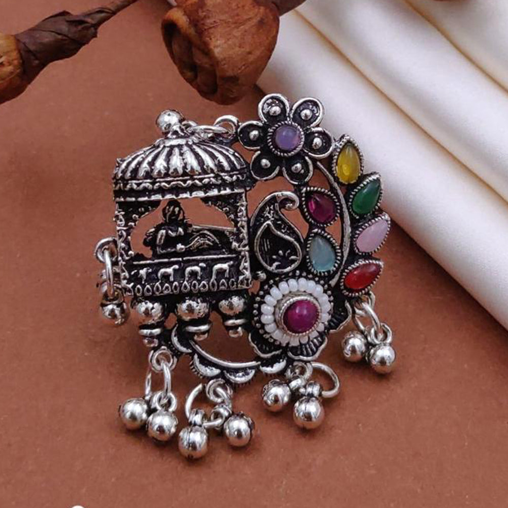 Akruti Collection Vintage Cool Oxidised Plated Multi Color Pota Stone Ring