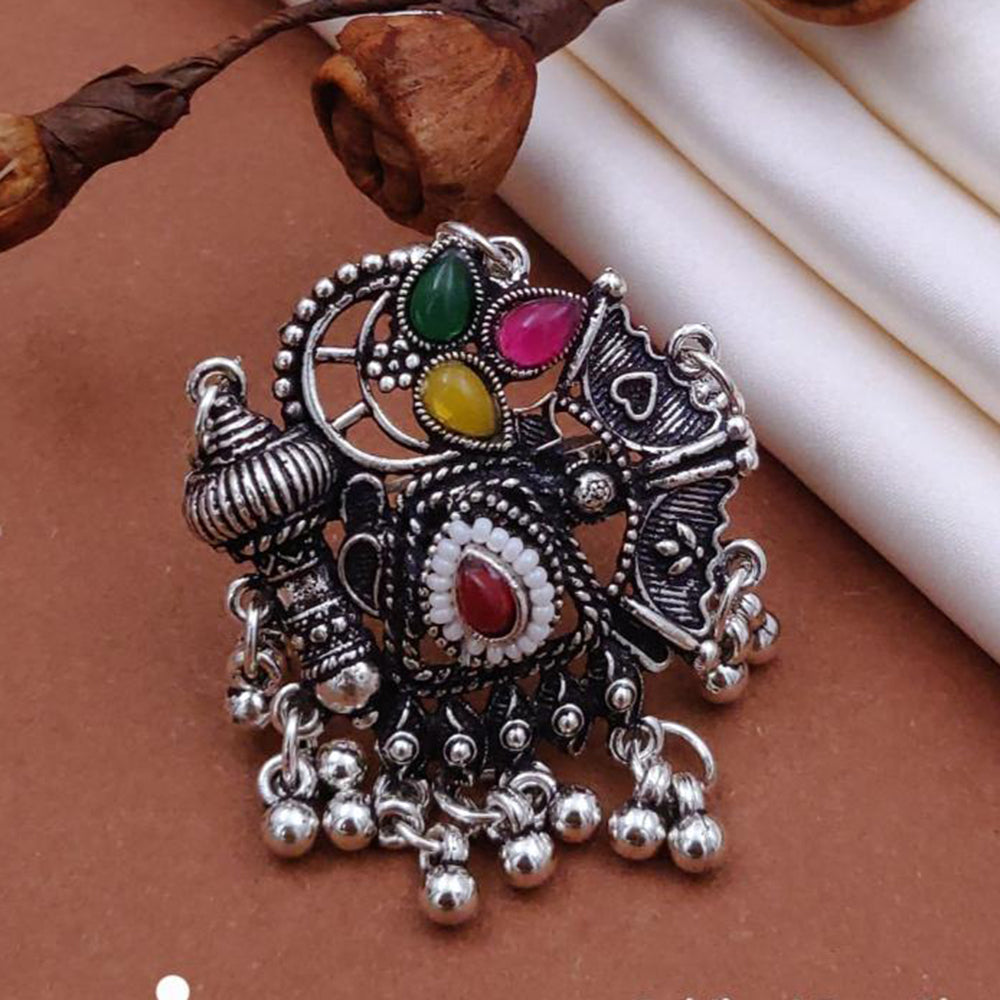 Akruti Collection Vintage Cool Oxidised Plated Multi Color Pota Stone Ring