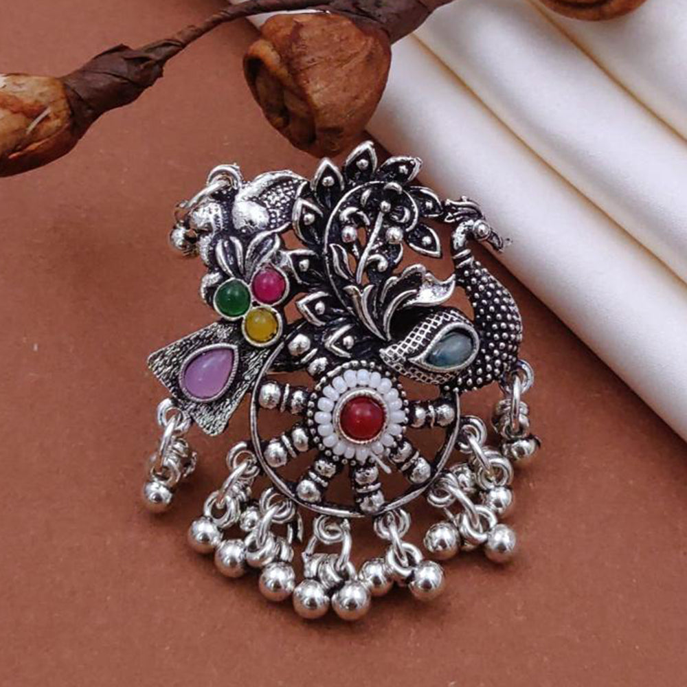 Akruti Collection Vintage Cool Oxidised Plated Multi Color Pota Stone Ring