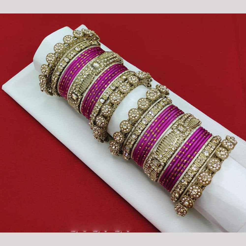 Akruti Collection Matte Majesty Austrian Stone And Pearls Bangle Set