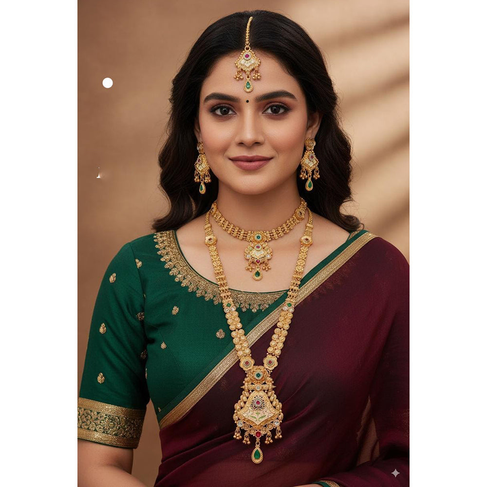 Akruti Collection Ethnic Charm Pota Stone And Meenakari Double Necklace Set