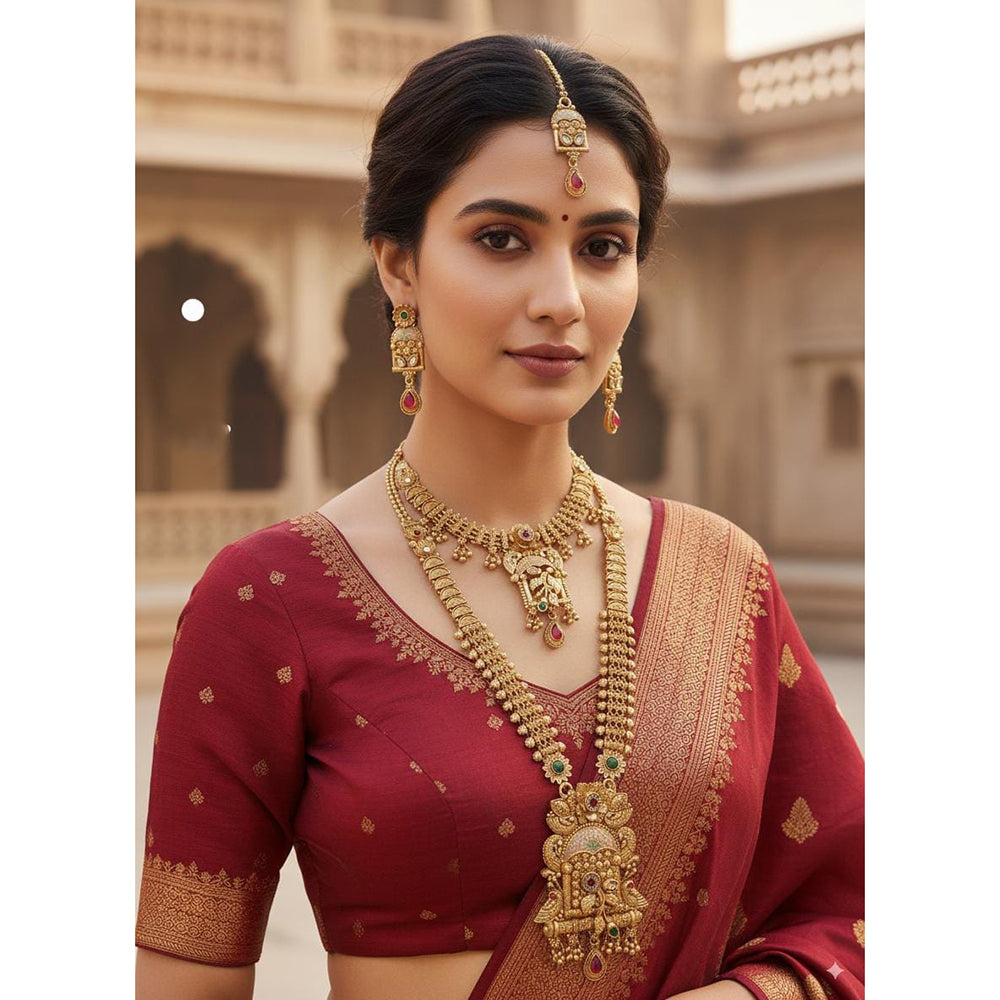 Akruti Collection Ethnic Charm Pota Stone And Meenakari Double Necklace Set