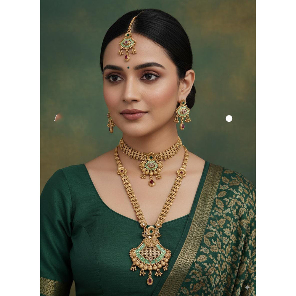 Akruti Collection Ethnic Charm Pota Stone And Meenakari Double Necklace Set